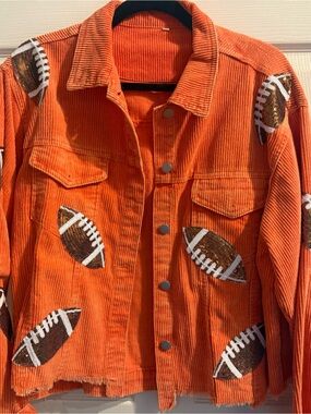 Orange Corduroy Jacket with Sequin Football Appliqués, size Large